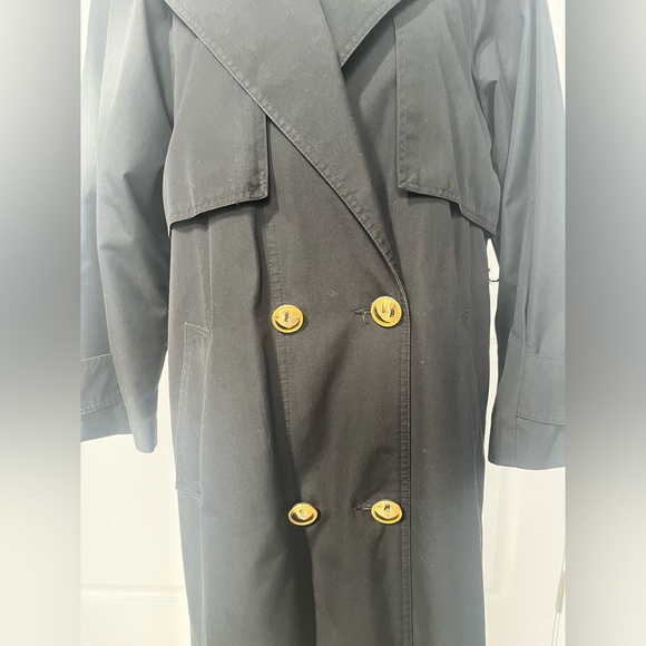 Vintage Black long trench coat with gold buttons size large - Picture 3 of 13
